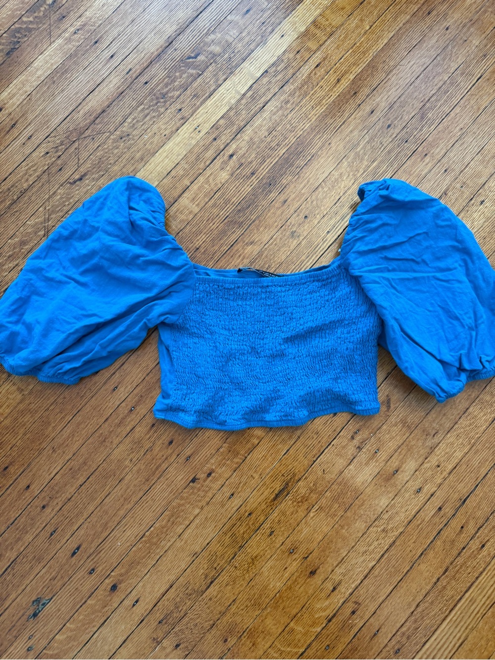 Zara Blue Puff-Sleeve Smocked Crop Top Size Small